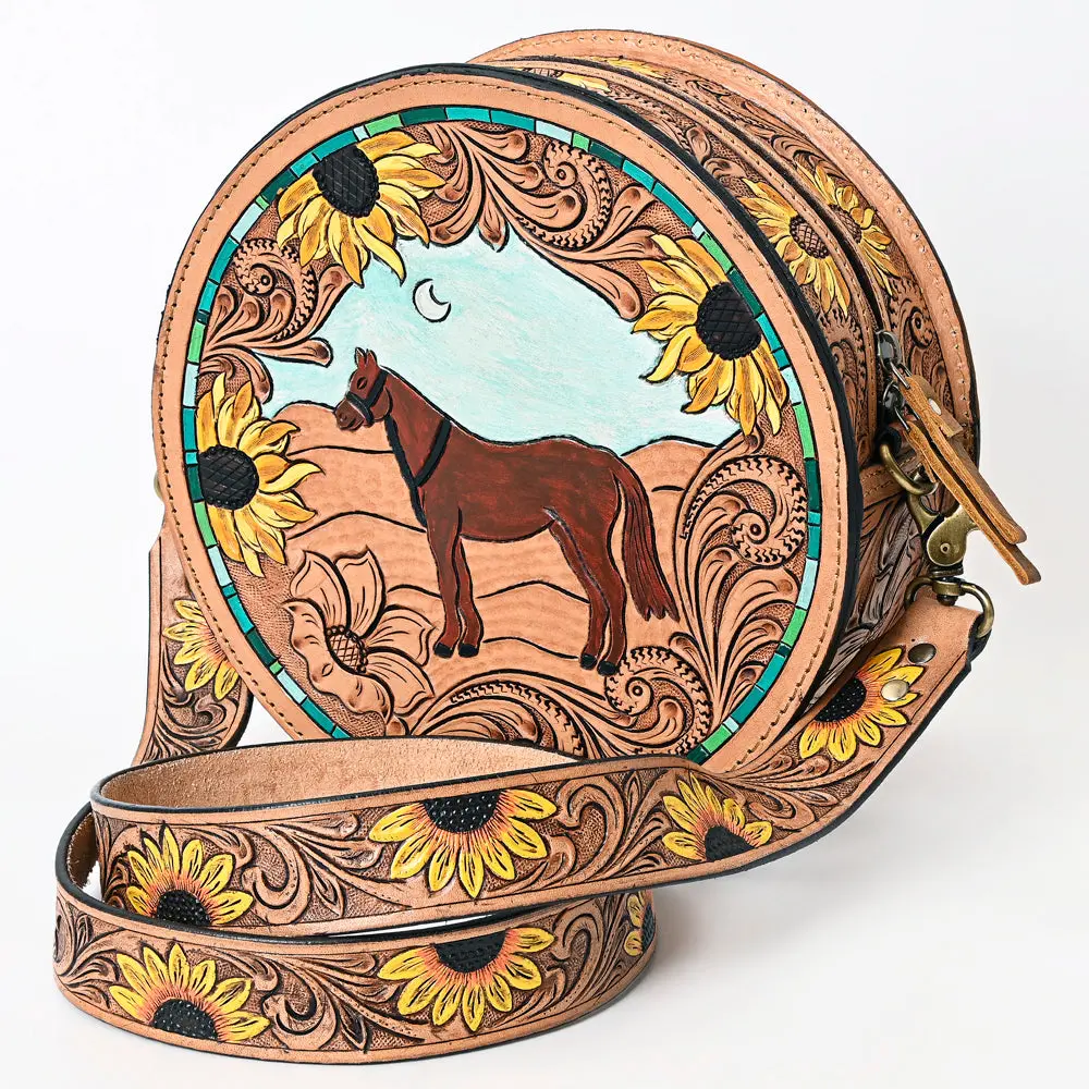 American Darling Genuine Leather Canteen Bag Women Hand Tooled Floral Carved Crossbody Purse Vegetable-Tanned Full Grain 1