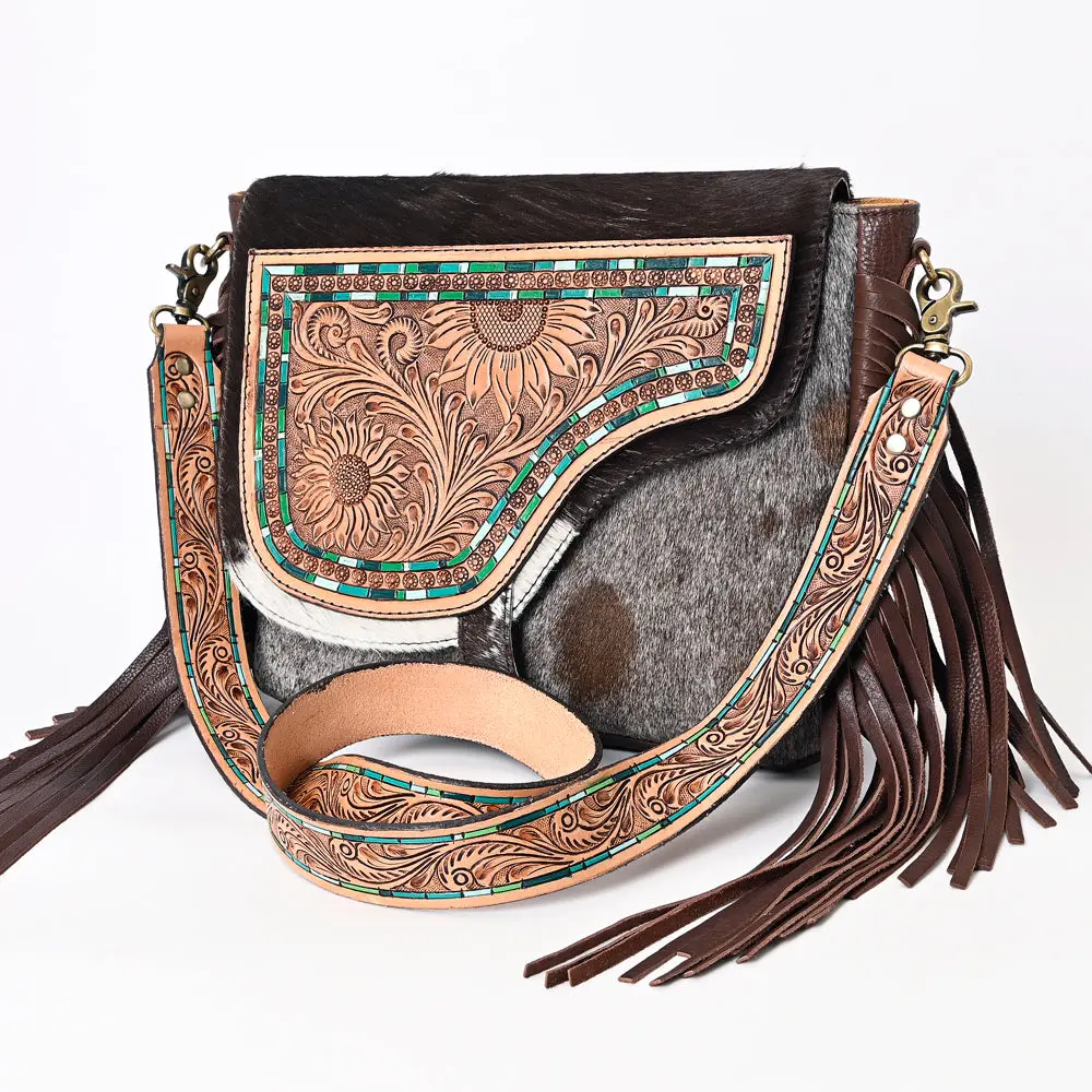 American Darling Genuine Leather Cross Body Bag Women Hair-On Cowhide Floral Hand Tooled Purse With Fringe Ykk Zipper 1