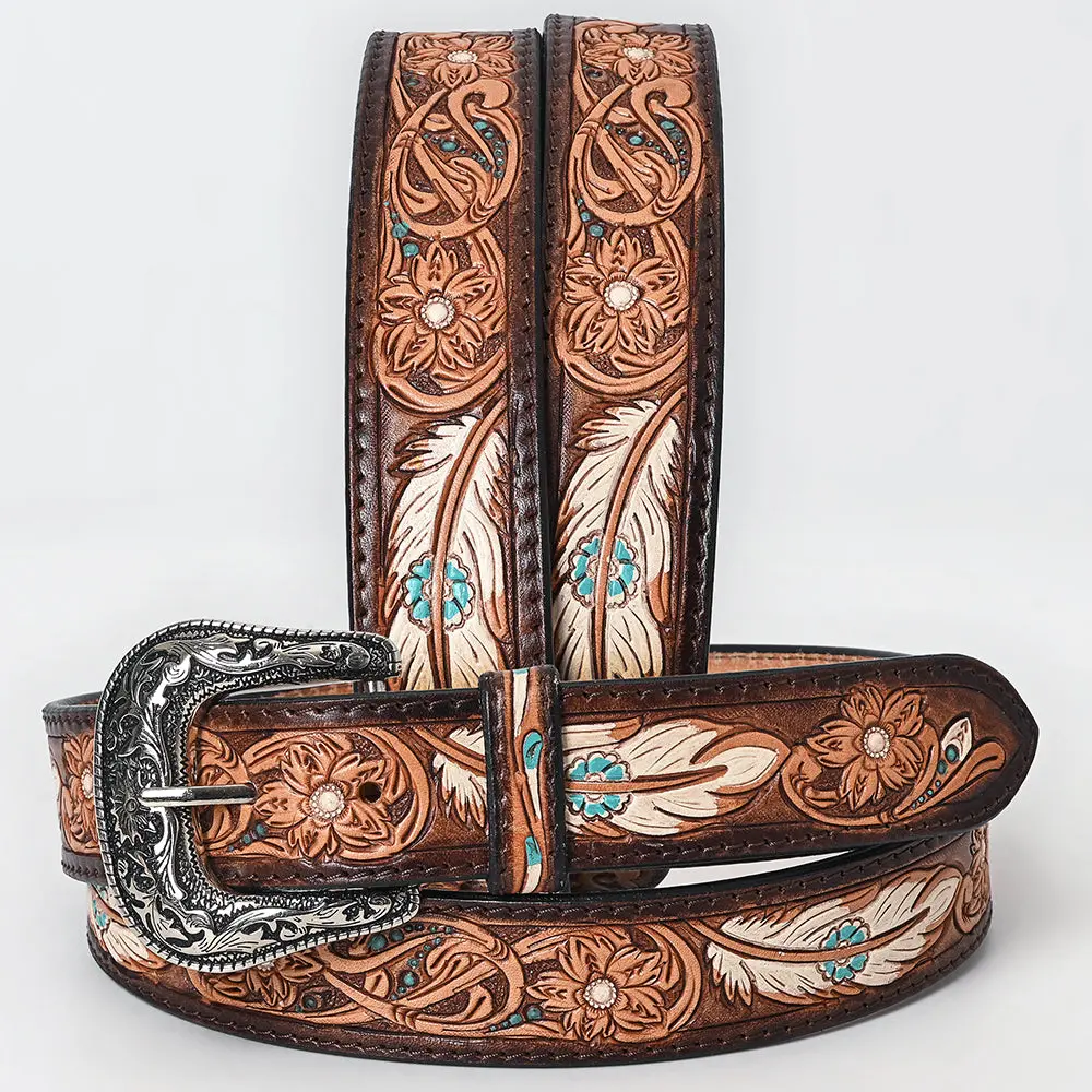 American Darling Beautifully Hand Tooled Brown Genuine Leather Belt Men And Women Western With Removable Buckle 9
