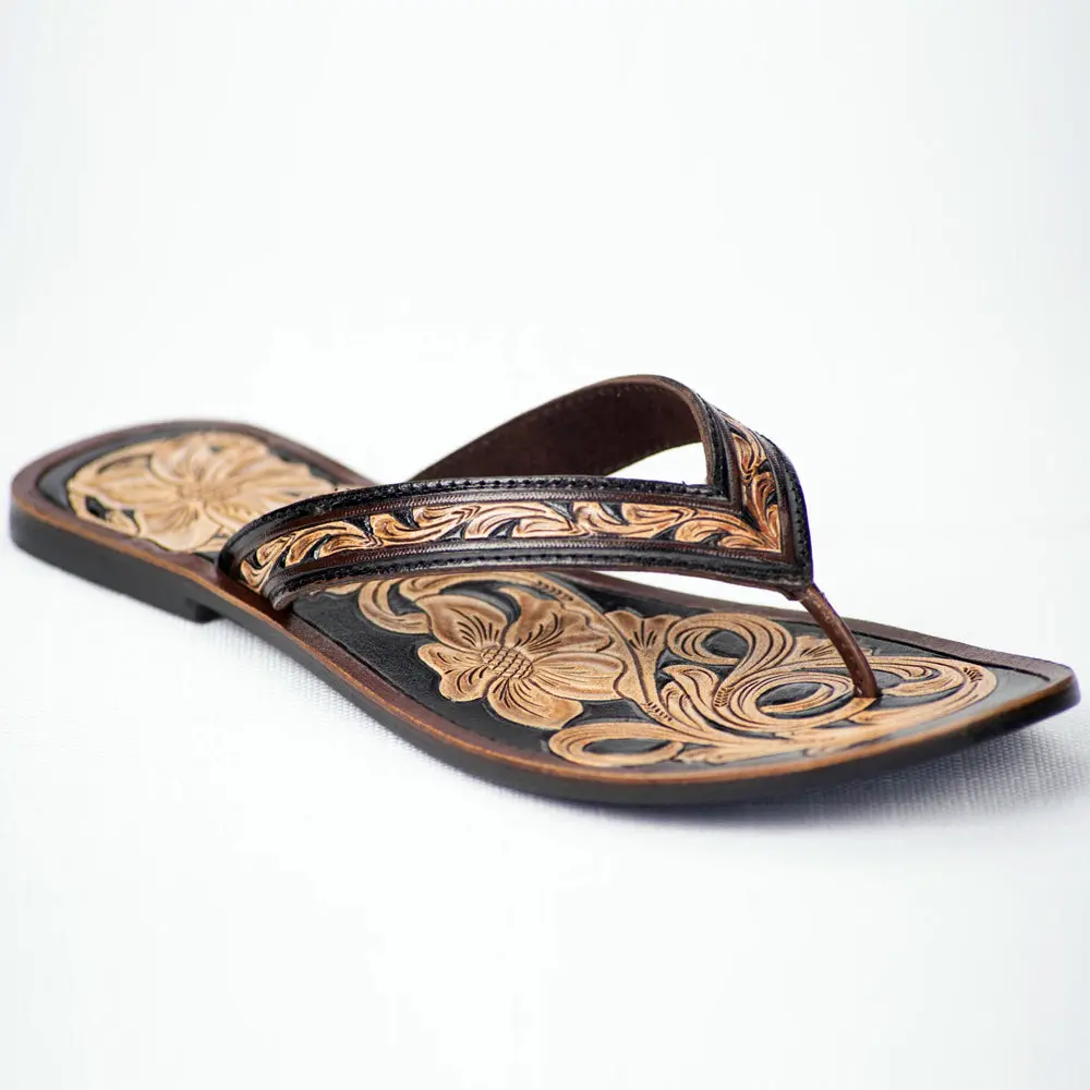 American Darling Hand Tooled Carved Genuine Leather Sandal Footwear Flip Flop Brown 1