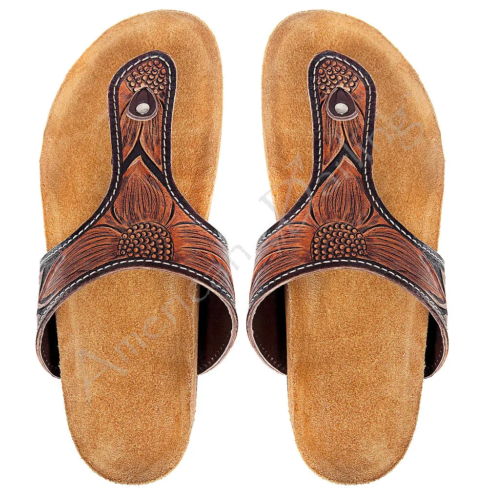 American Darling Adft101 Hand Tooled, Carved Genuine Leather Sandal Footwear Flip Flop | Tooled 1