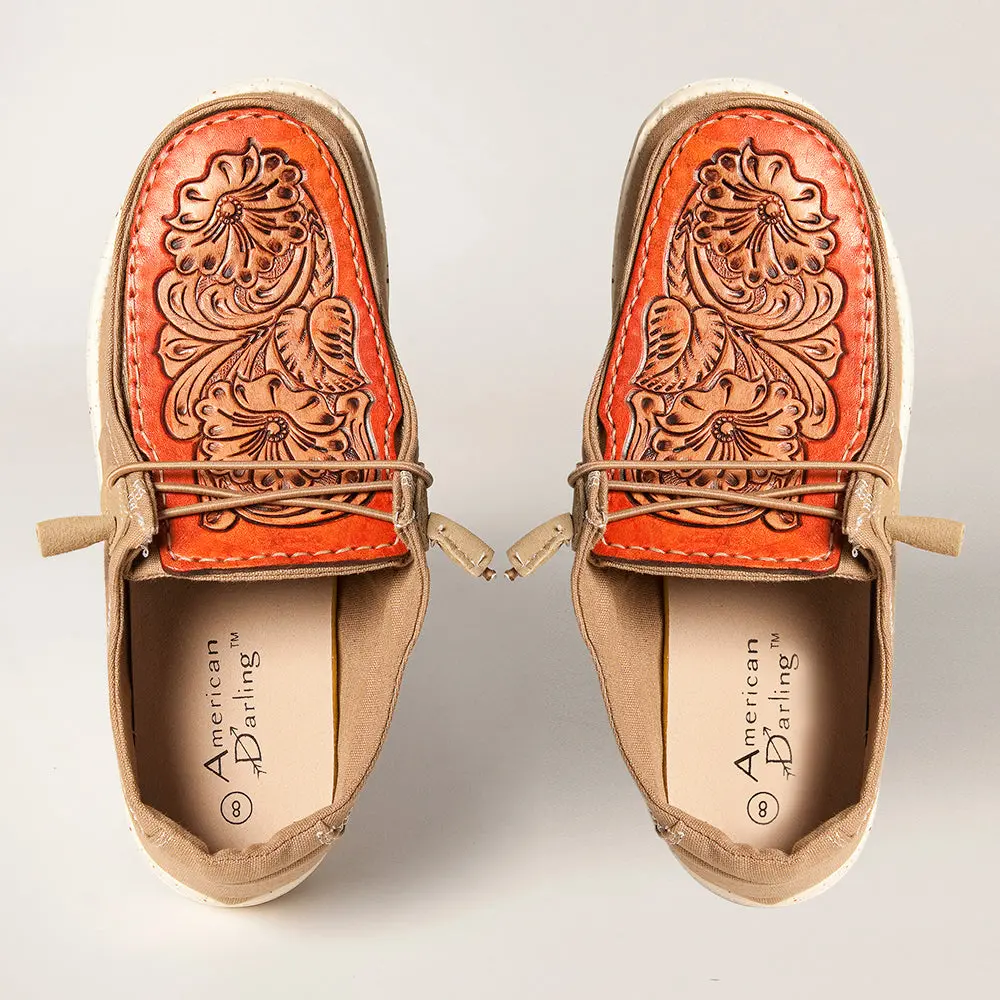 American Darling Hand Tooled, Carved Genuine Leather Trim Lightweight Shoe Footwear| Tooled Footwear | Slip On 1