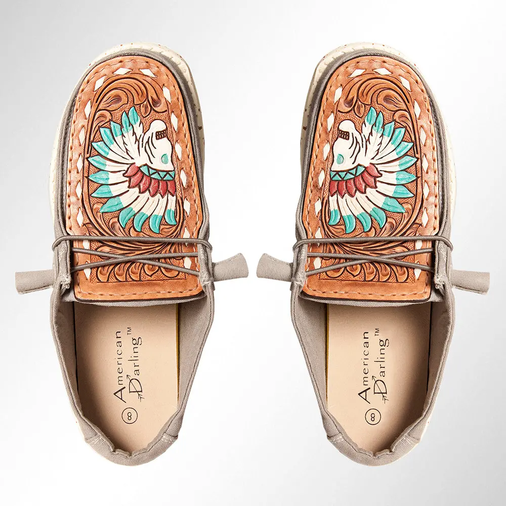 American Darling Hand Tooled, Carved Genuine Leather Trim Lightweight Shoe Footwear, Slip On| Tooled Footwear 1