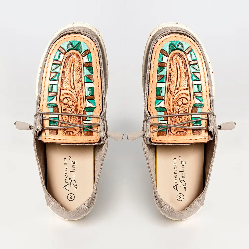 American Darling Hand Tooled, Carved Genuine Leather Trim Lightweight Shoe Footwear, Slip On| Tooled Footwear 1