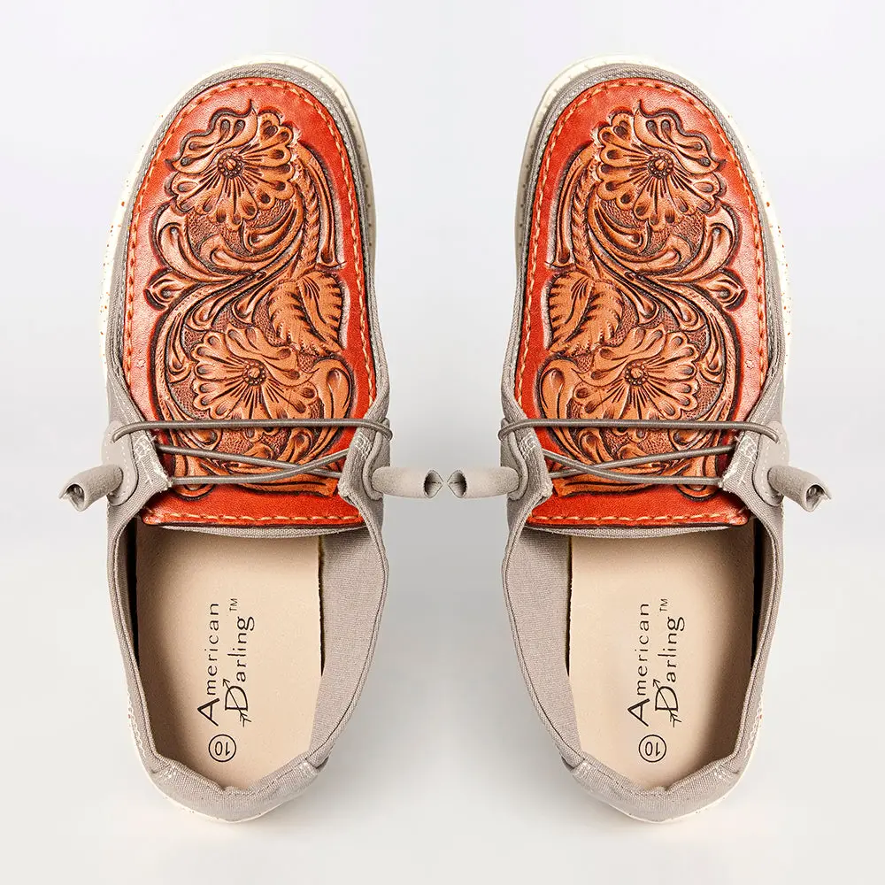 American Darling Hand Tooled, Carved Genuine Leather Trim Lightweight Shoe Footwear, Slip On| Tooled Footwear 1