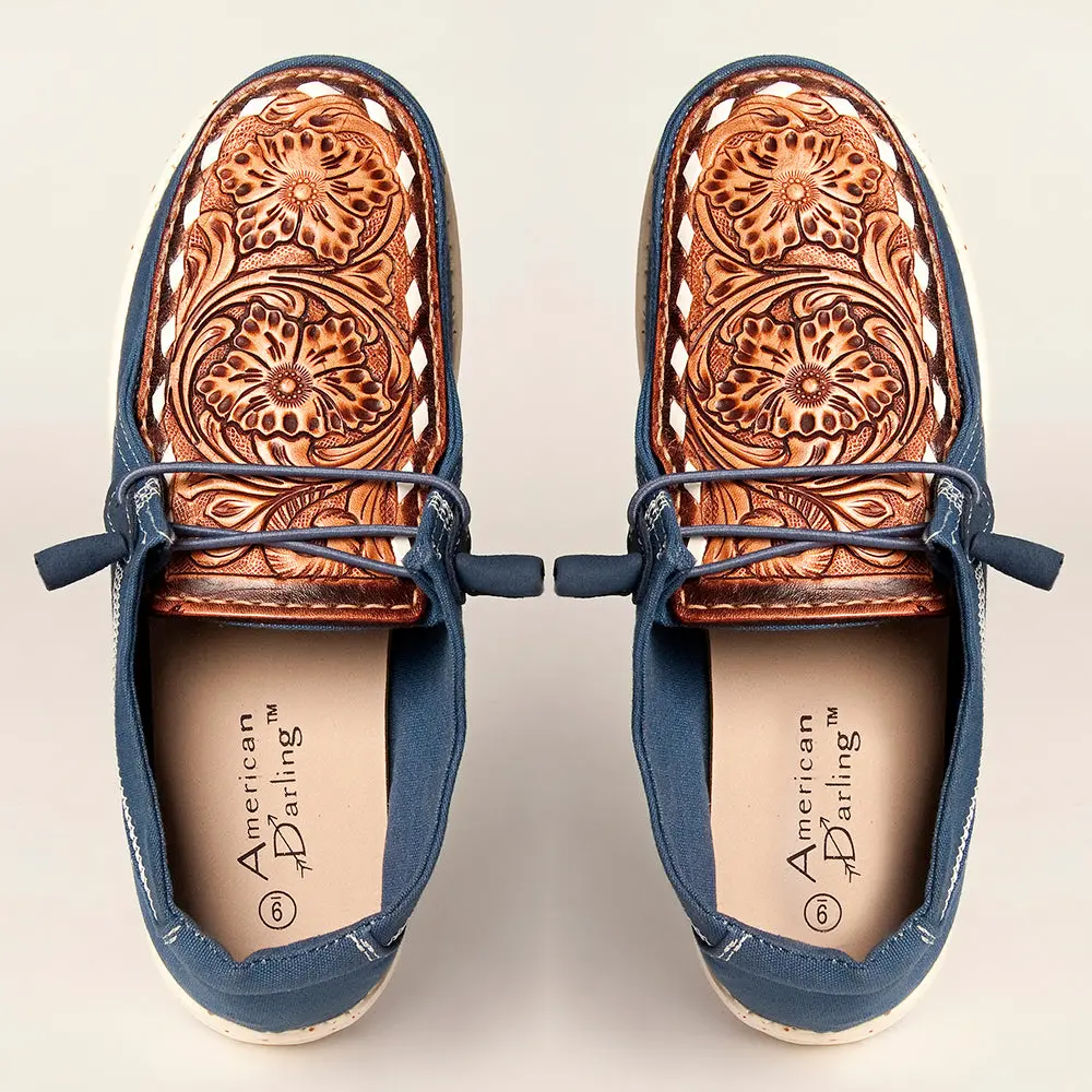 American Darling Hand Tooled, Carved Genuine Leather Trim Lightweight Shoe Footwear, Slip On| Tooled Footwear 1