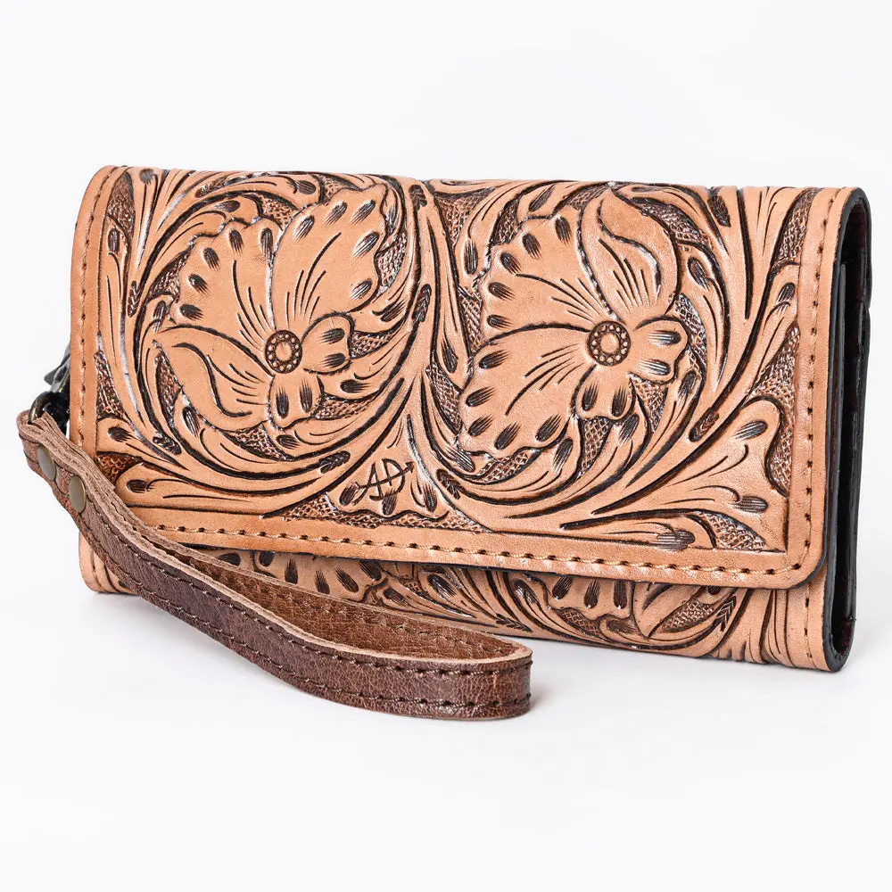 American Darling Western Leather Clutch Wallet Hand Tooled Floral Carved With Wristlet Strap 2