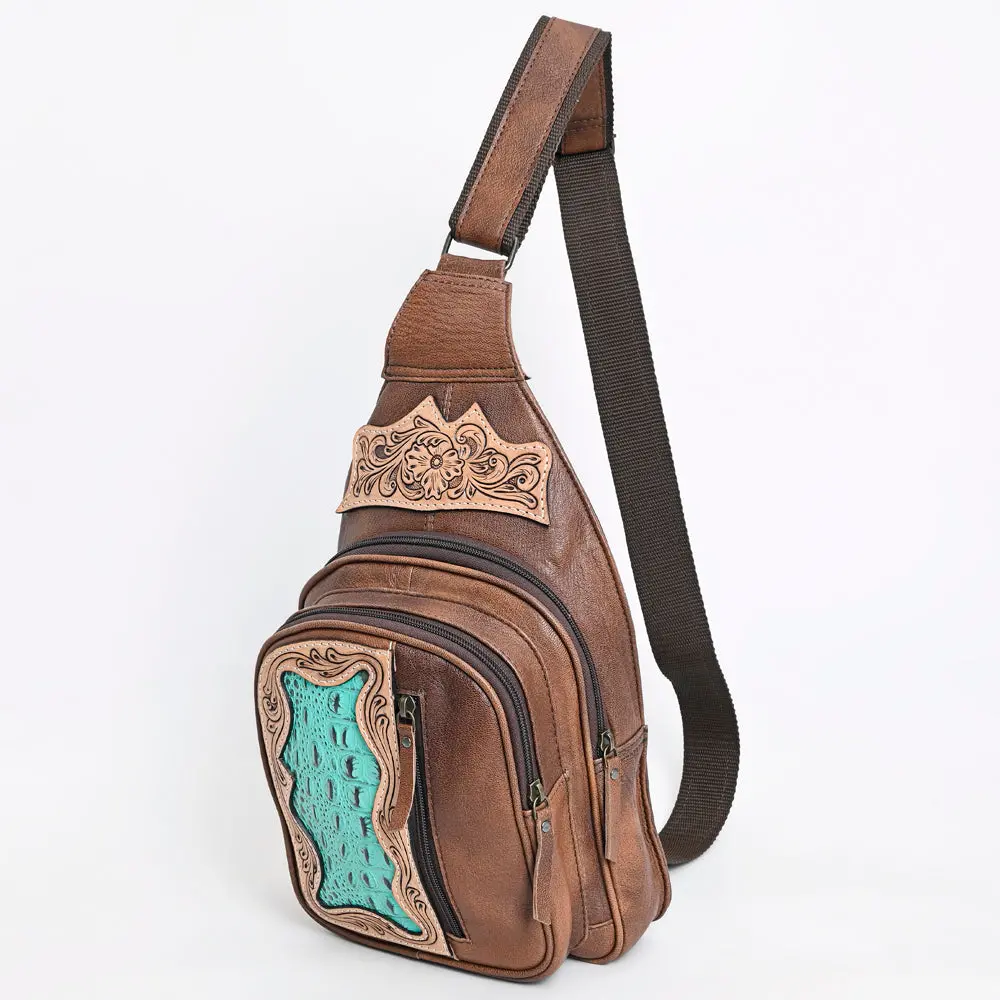 American Darling Western Sling Backpack Handcrafted From Tooled Leather | Crocodile Embossed & Floral Carved Crossbody Bag 1