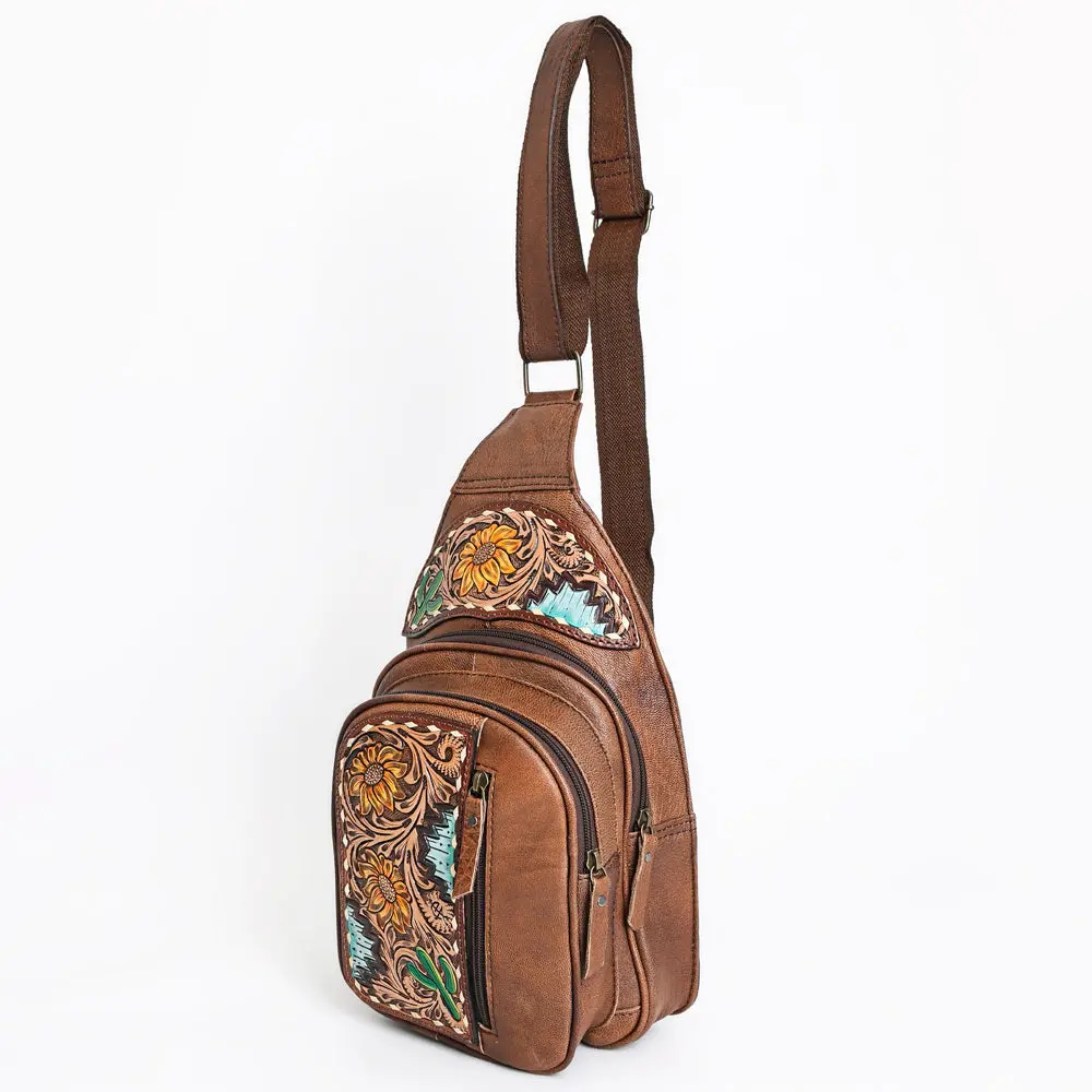 American Darling Western Sling Backpack Handcrafted From Tooled Genuine Leather | Floral Carved Purse With Multi-Pocket Design 1