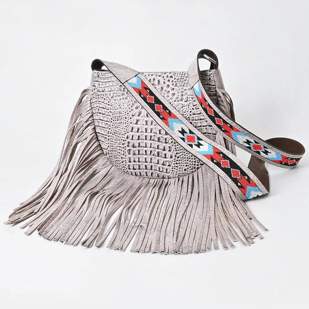 American Darling Western Crossbody Bag Handcrafted From Crocodile Embossed Leather | Fringe Detail & Geometric Beaded Look Strap 1
