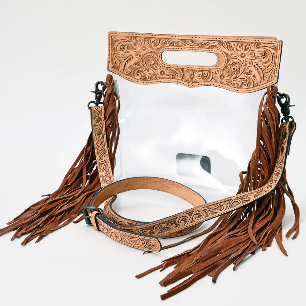 American Darling Western Clear Bag With Long Leather Fringe | Hand Tooled Floral Leather Trim & Carry Handle 1