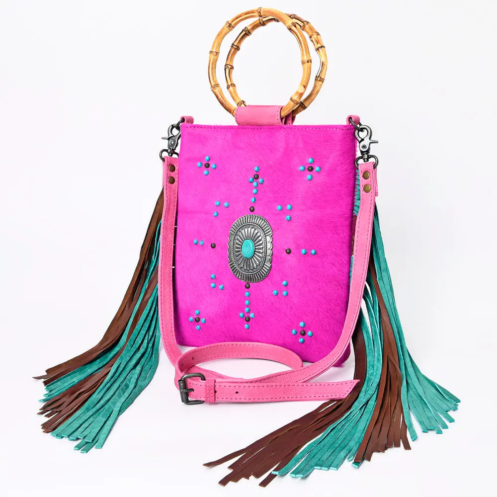 American Darling Western Crossbody Bag Handcrafted From Hair-On Cowhide | Two-Tone Fringe, Bamboo Handle & Concho Accent 1