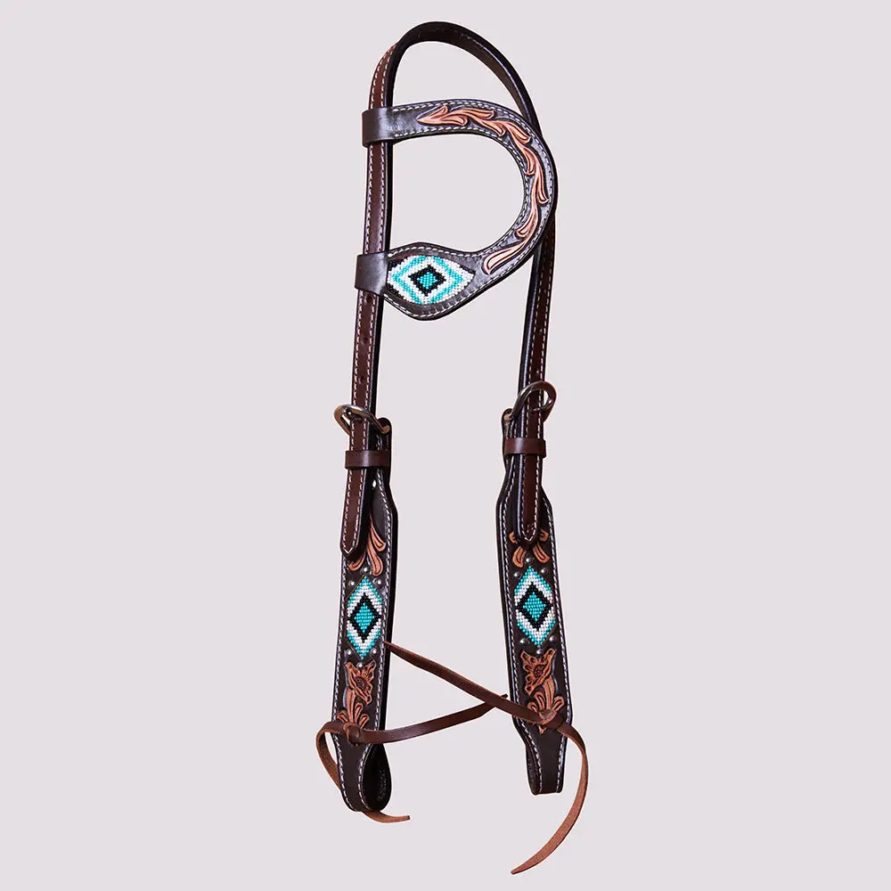 Hilason Horse Beaded Breast Collar One Ear Headstall Noseband Genuine Leather Brown 1
