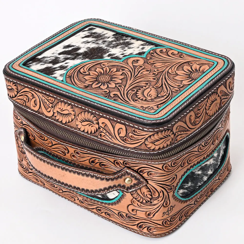 American Darling Genuine Leather Jewelry Case Hair-On Cowhide Floral Hand Tooled Organizer Ykk Zipper Full Grain 1