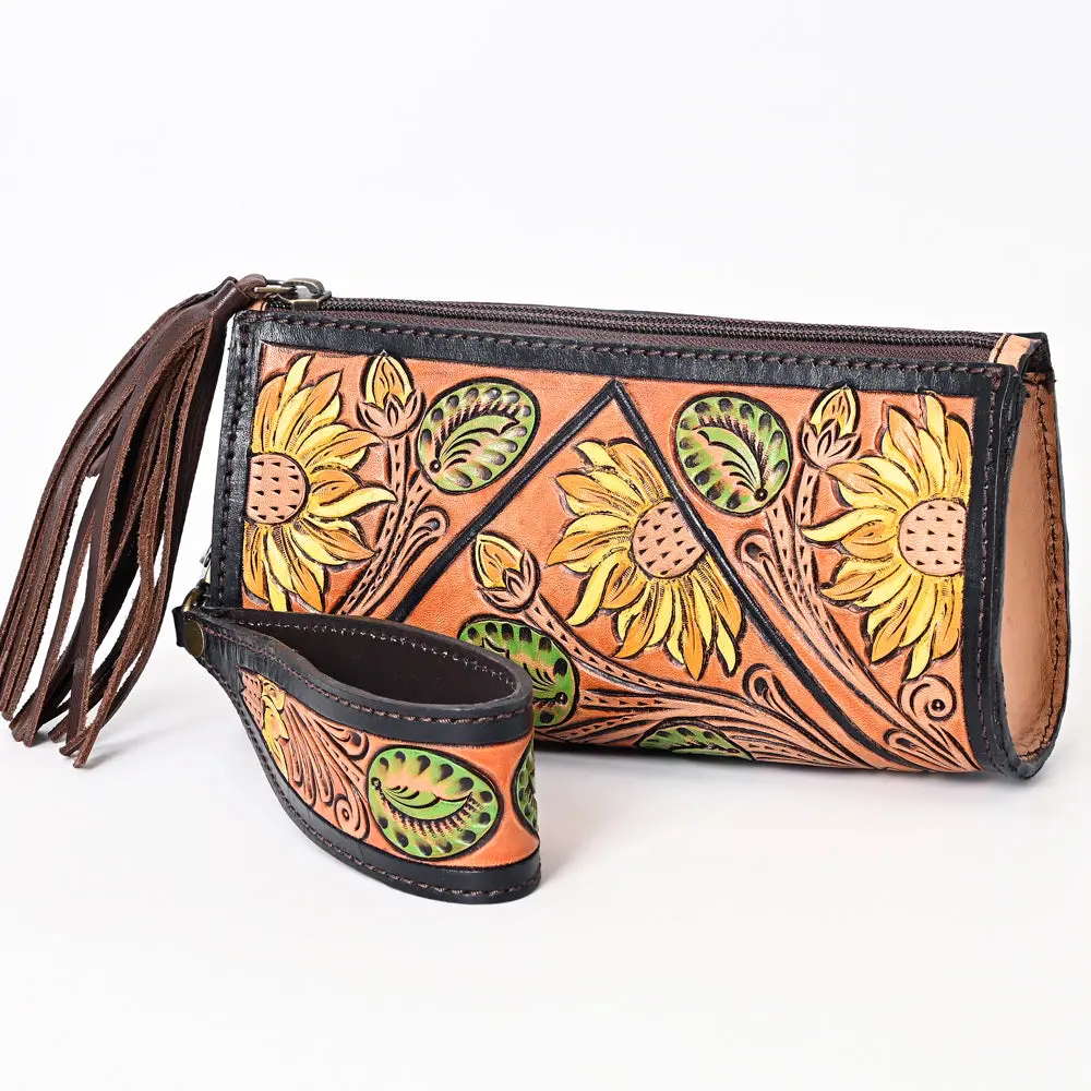 American Darling Genuine Leather Wristlet Bag Women Floral Hand Tooled Purse With Tassels Ykk Zipper Full Grain 1