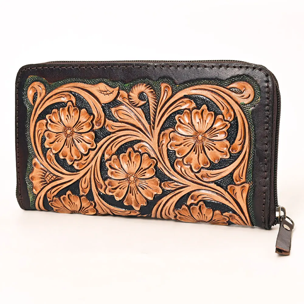 American Darling Genuine Leather Organiser Bag Women Floral Hand Tooled Purse Ykk Zipper Full Grain Vegetable-Tanned 1