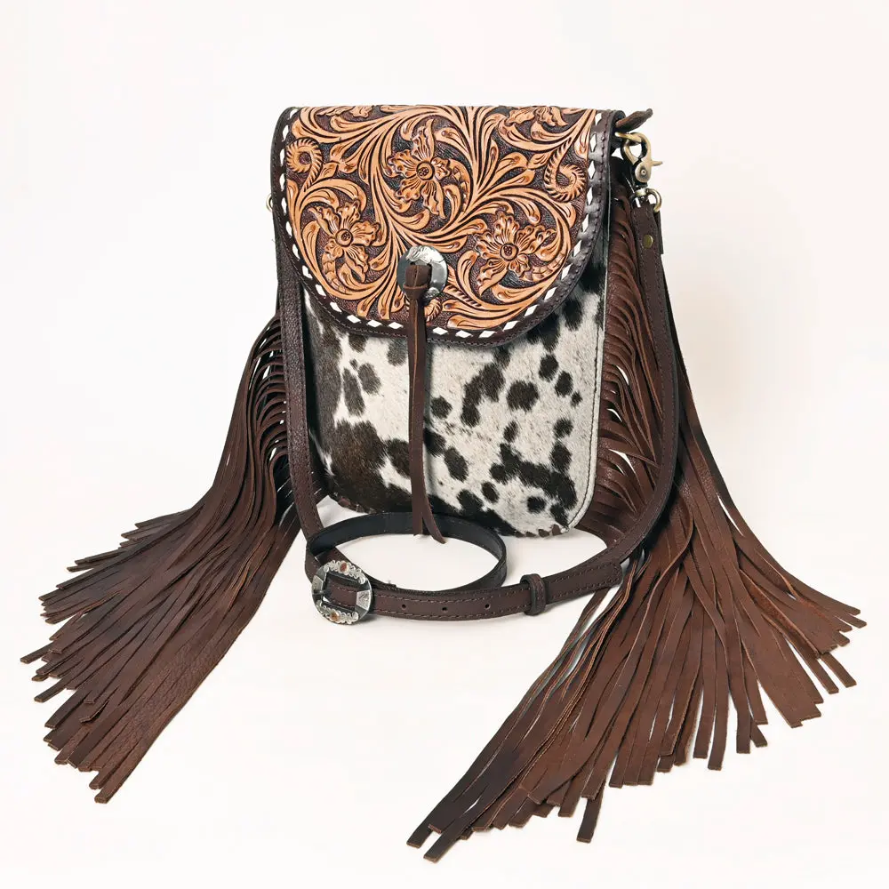 American Darling Genuine Leather Cross Body Bag Women Hair-On Cowhide Floral Hand Tooled Purse Buck Stitched Fringe Ykk Zipper 1
