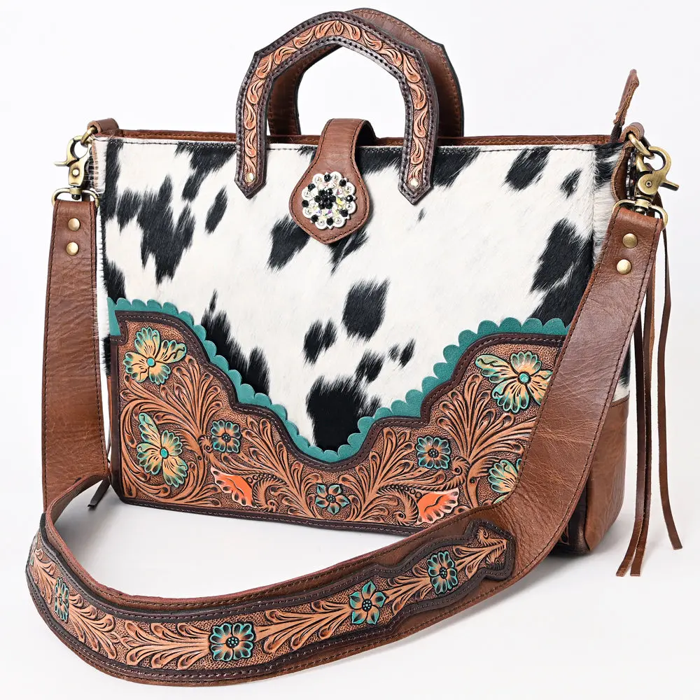 American Darling Hair-On Cowhide Hand Tooled Floral Carved Genuine Leather Tote Bag Concho Vegetable-Tanned Western Everyday 1