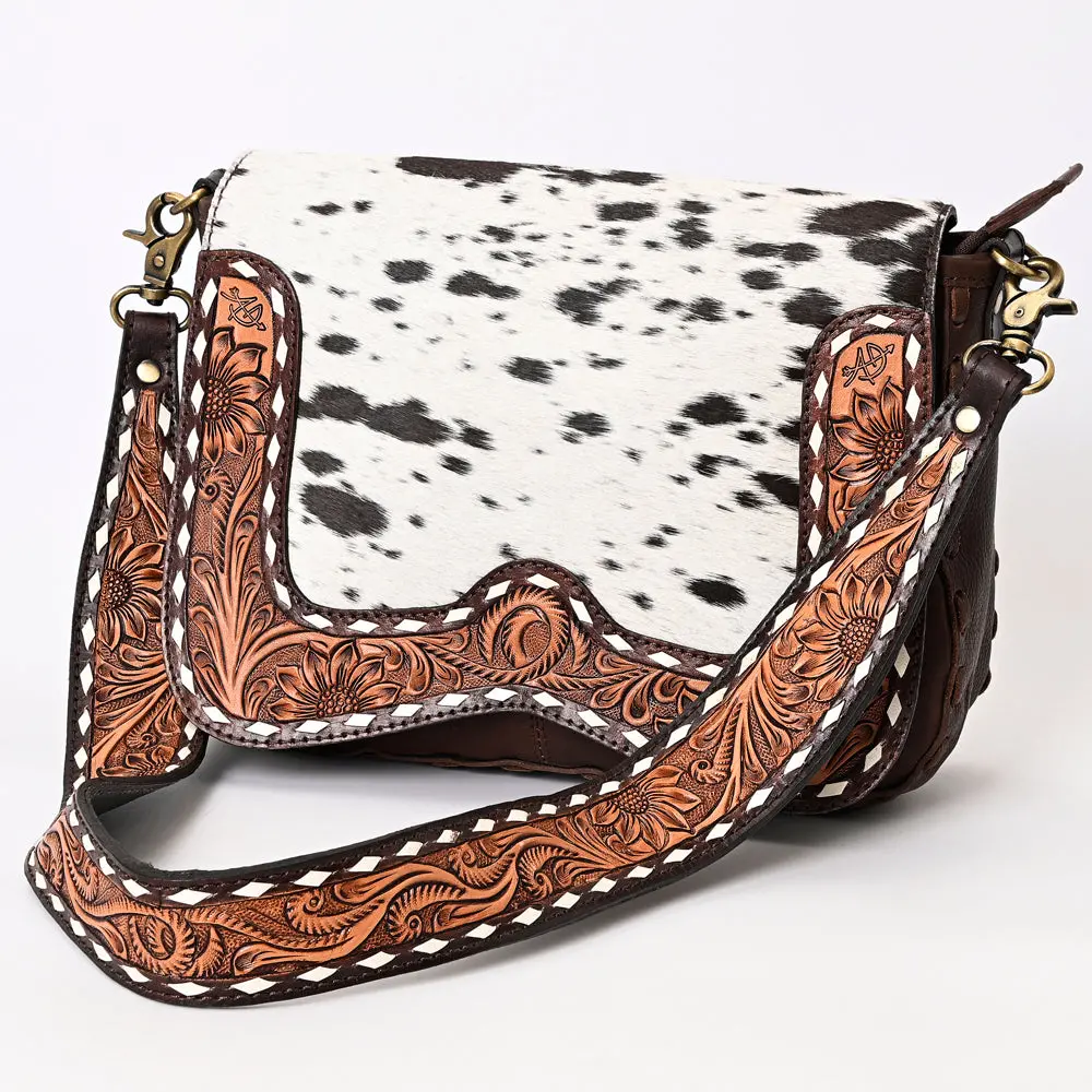 American Darling Hair-On Cowhide Hand Tooled Floral Carved Buck Stitched Genuine Leather Small Cross Body Bag Vegetable-Tanned 1