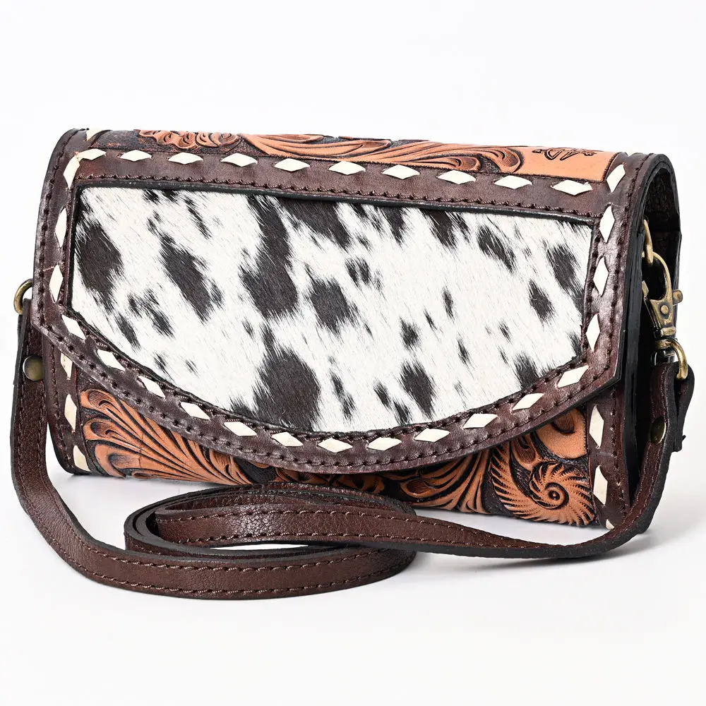 American Darling Hair-On Cowhide Hand Tooled Floral Carved Buck Stitched Genuine Leather Small Cross Body Bag Vegetable-Tanned 1