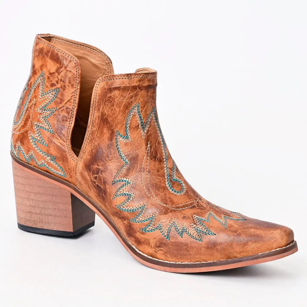 American Darling Women’S Western Ankle Boots Handcrafted Tan Leather Booties With Turquoise Stitching & Side Cutouts 1