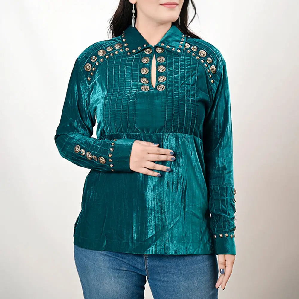 American Darling Velvet Women Shirt Dress Tunic Ladies Girl Top Teal | Vintage Leather 1