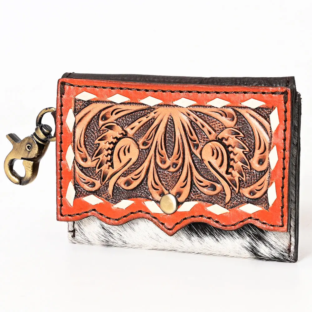 American Darling Hair-On Cowhide Hand Tooled Floral Carved Genuine Leather Coin Purse Buck Stitched Vegetable-Tanned 1