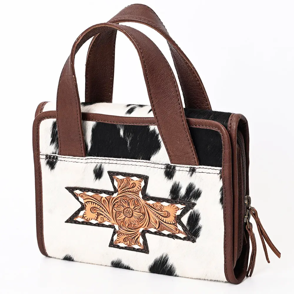American Darling Hair-On Cowhide Hand Tooled Floral Carved Genuine Leather Tote Bag Buck Stitched Vegetable-Tanned 1