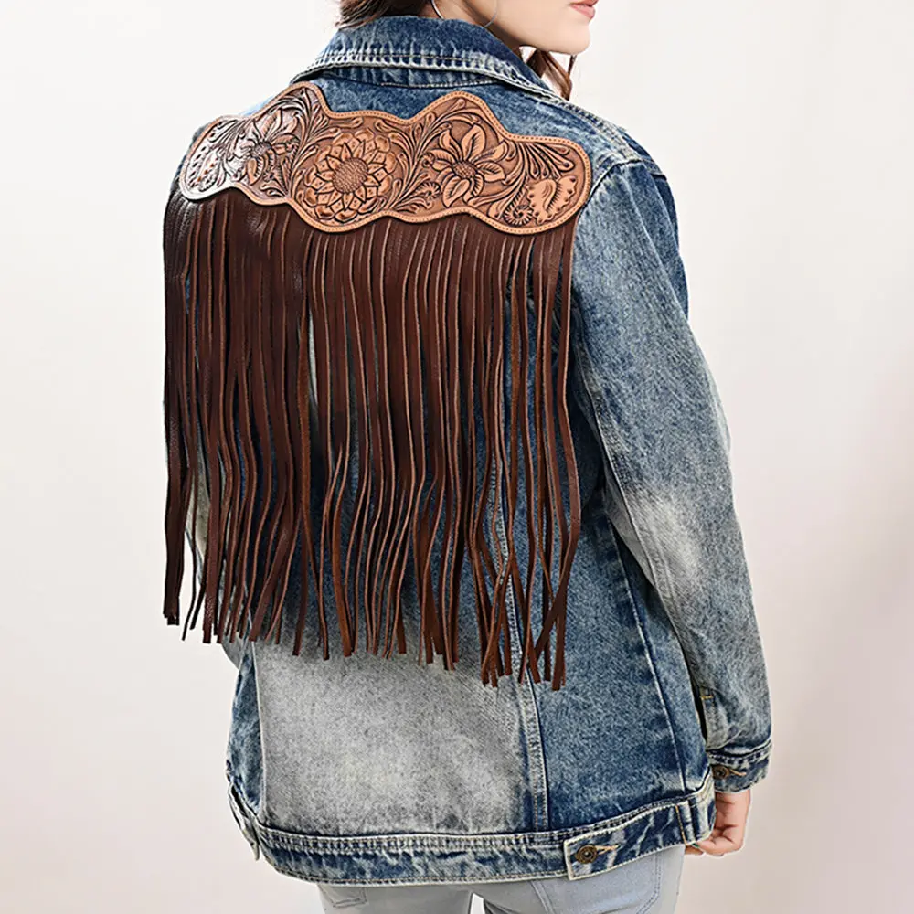 American Darling Genuine Leather Hand Tooled Carved Women 100% Cotton Denim Jacket Dress Ladies Girl | Shirt For 1