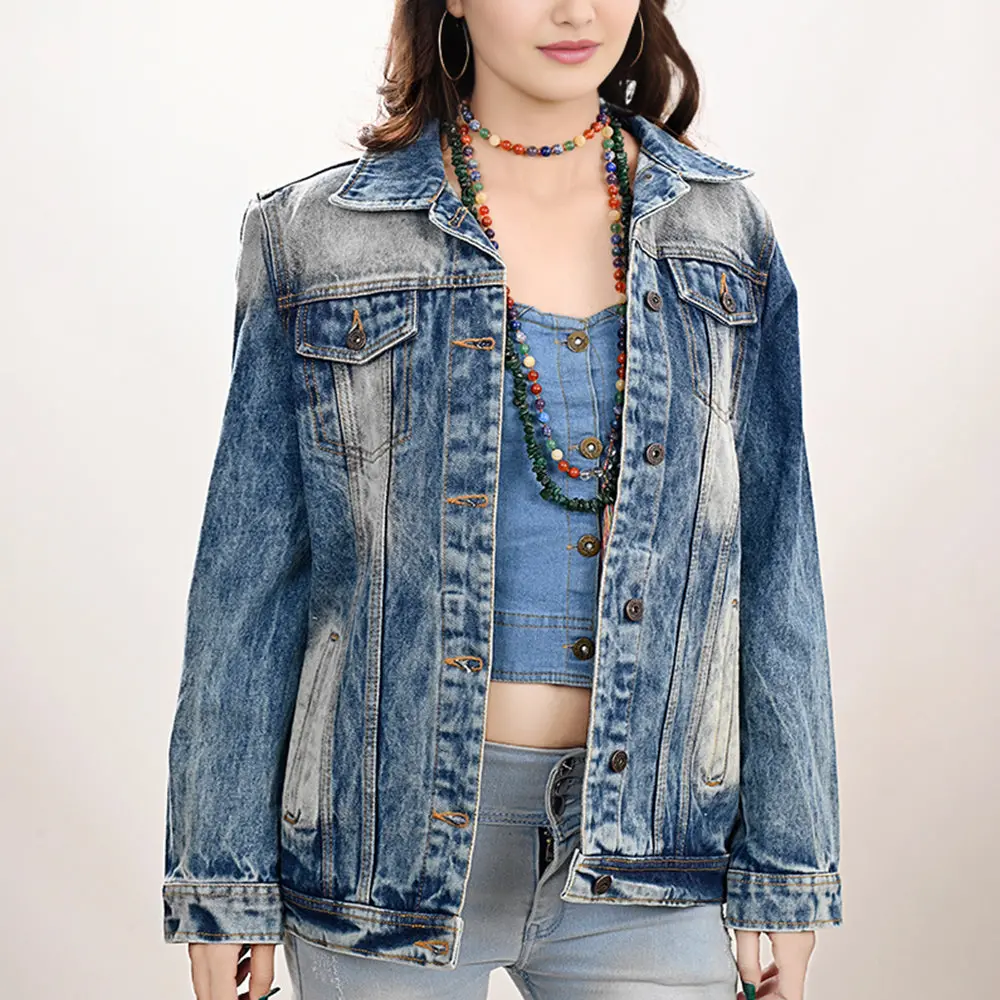 American Darling Genuine Leather Hand Tooled Carved Women 100% Cotton Denim Jacket Dress Ladies Girl | Shirt For 3