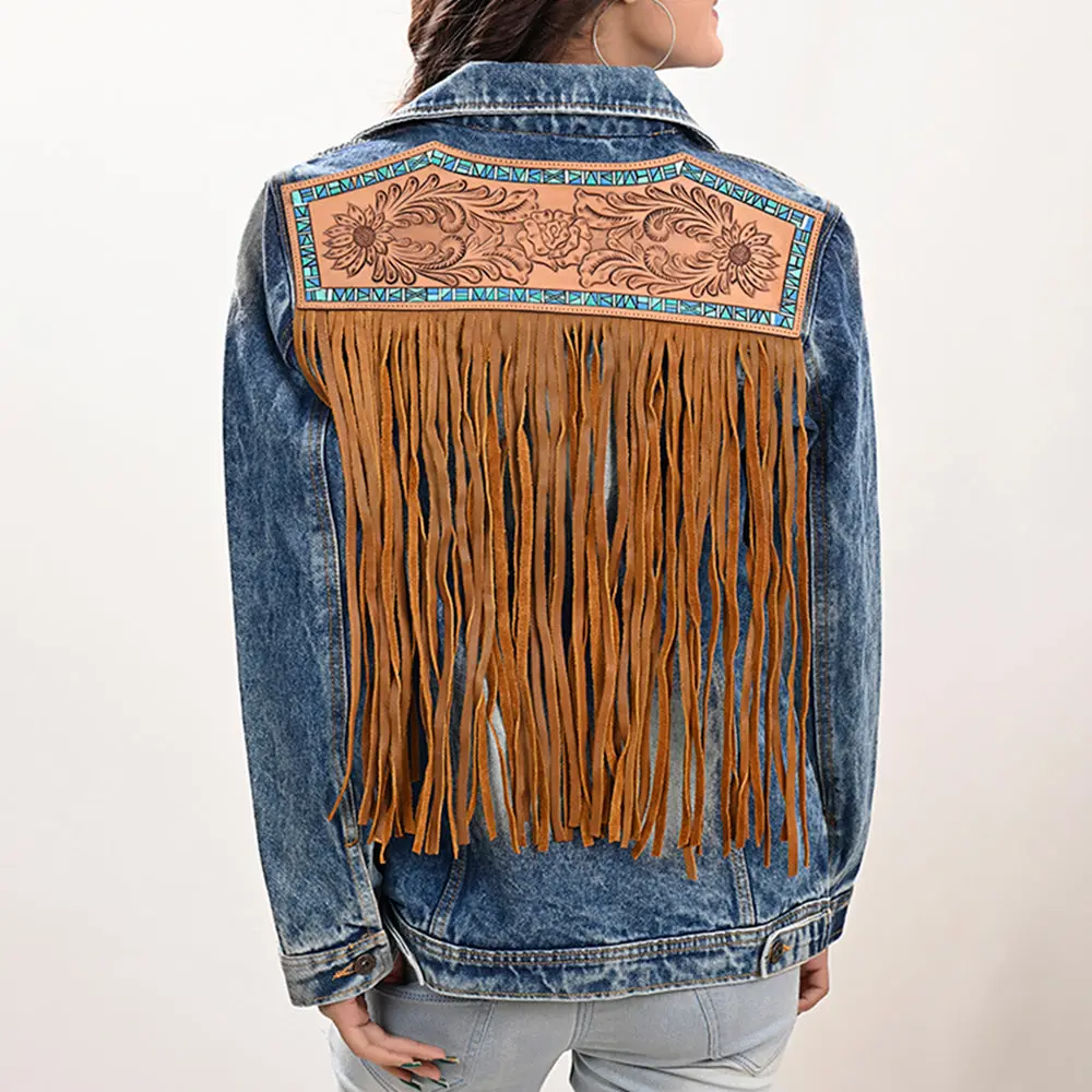 American Darling Genuine Leather Hand Tooled Carved Women 100% Cotton Denim Jacket Dress Ladies Girl | Shirt For 1