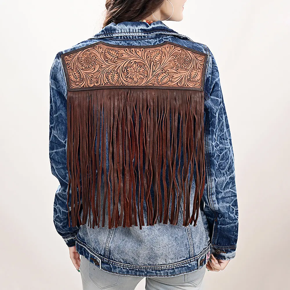 American Darling Genuine Leather Hand Tooled Carved Women 100% Cotton Denim Jacket Dress Ladies Girl | Shirt For 1