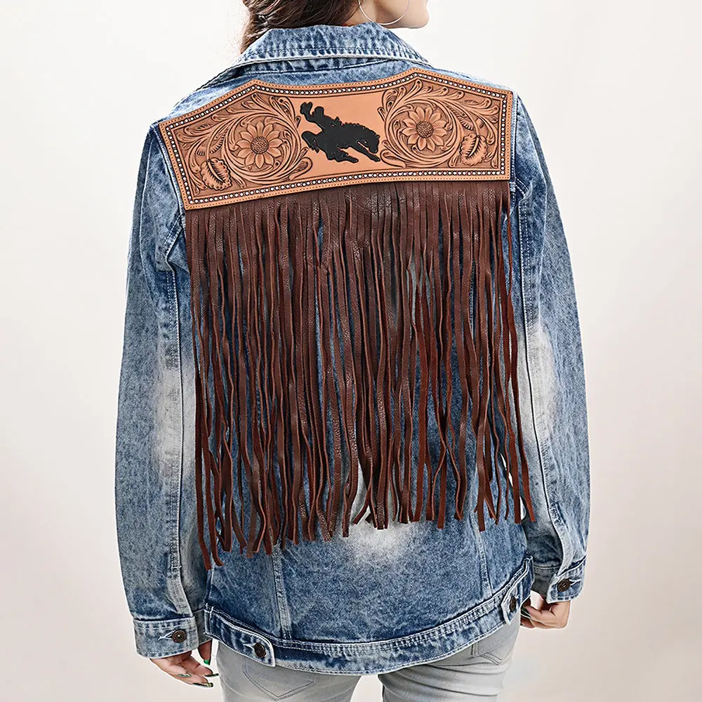 American Darling Genuine Leather Hand Tooled Carved Women 100% Cotton Denim Jacket Dress Ladies Girl | Shirt For 1
