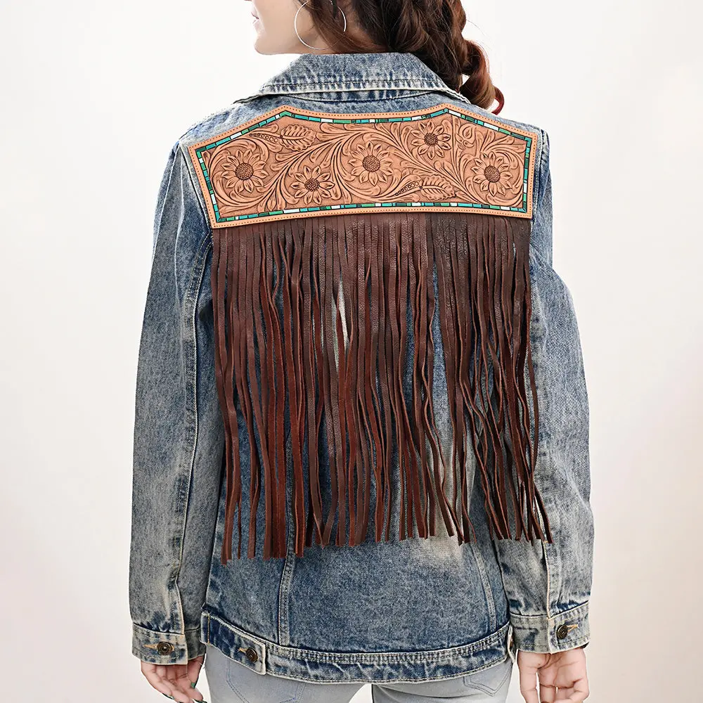 American Darling Genuine Leather Hand Tooled Carved Women 100% Cotton Denim Jacket Dress Ladies Girl | Shirt For 1
