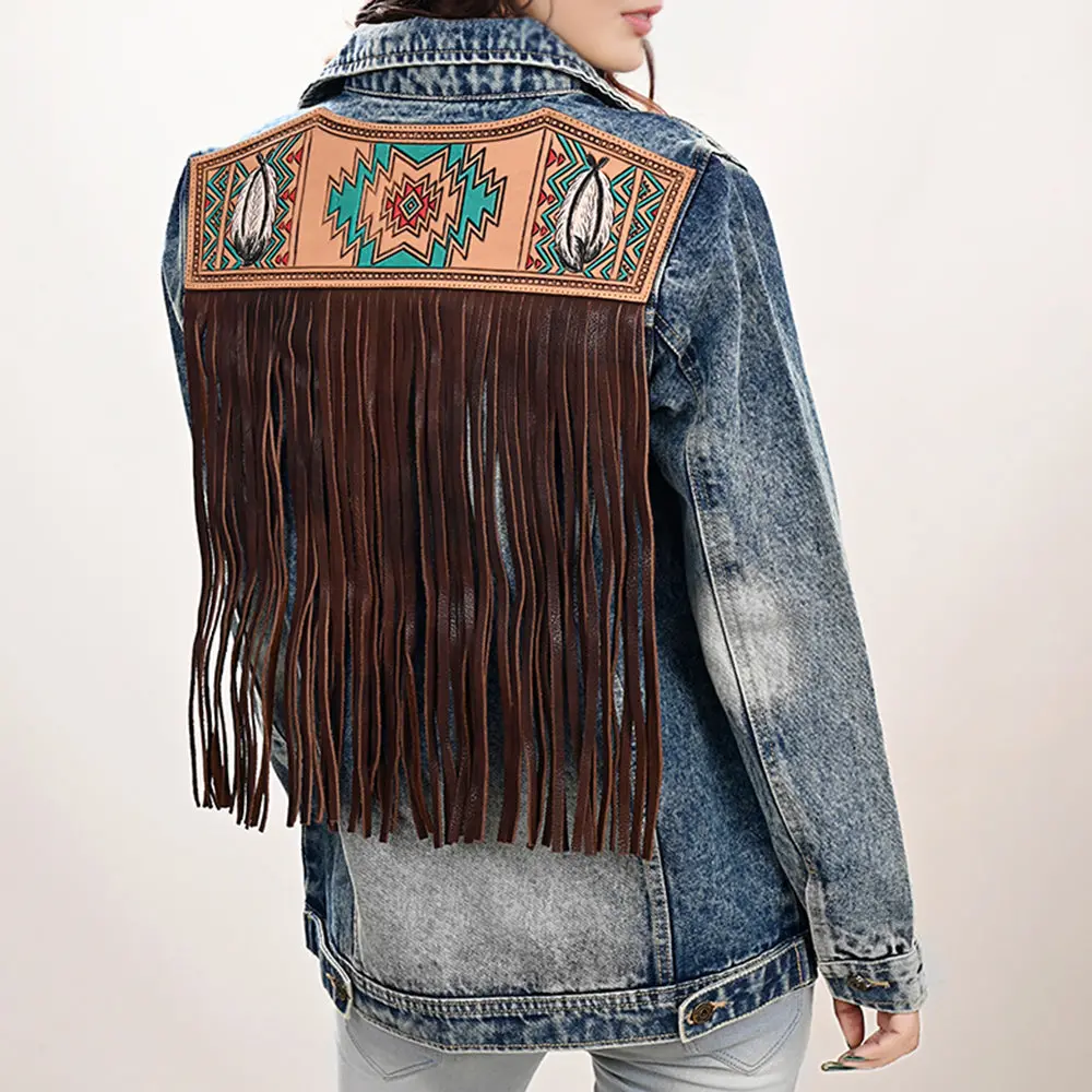 American Darling Genuine Leather Hand Tooled Carved Women 100% Cotton Denim Jacket Dress Ladies Girl | Shirt For 1