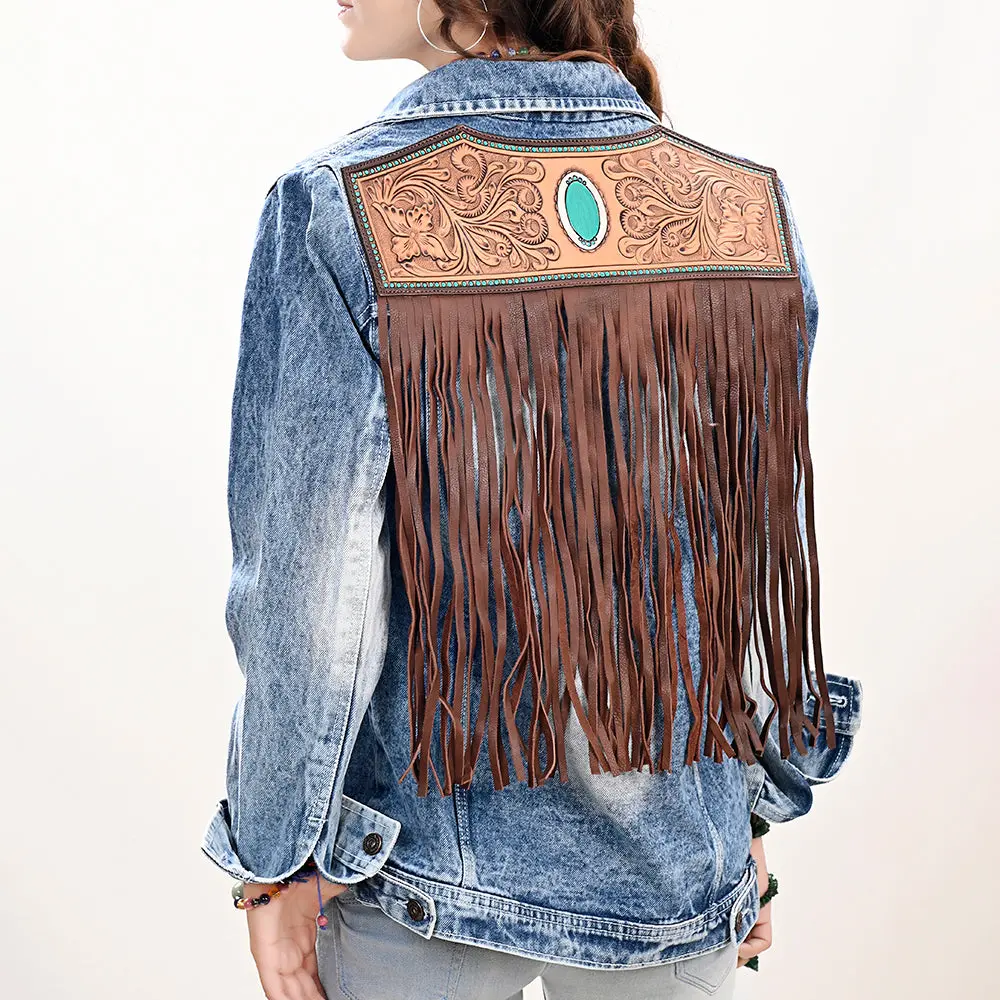 American Darling Genuine Leather Hand Tooled Carved Women 100% Cotton Denim Jacket Dress Ladies Girl | Shirt For 1