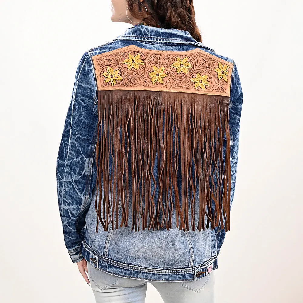 American Darling Genuine Leather Hand Tooled Carved Women 100% Cotton Denim Jacket Dress Ladies Girl | Shirt For 1