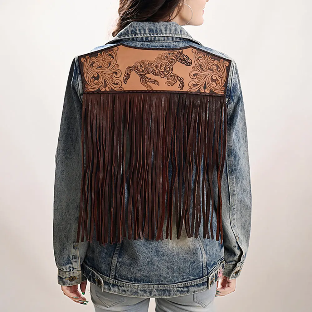 American Darling Genuine Leather Hand Tooled Carved Women 100% Cotton Denim Jacket Dress Ladies Girl | Shirt For 1
