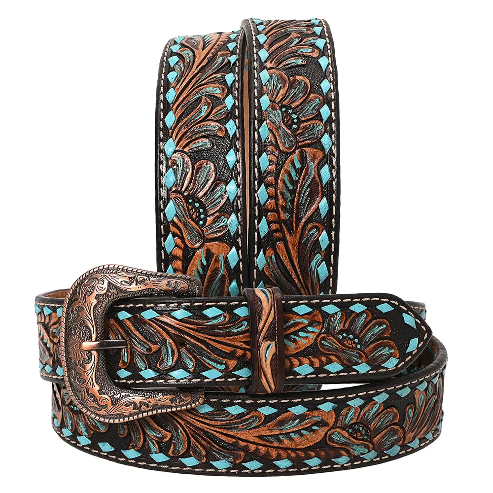Hilason Western Genuine Leather Belt For Men Women Cowboy Cowgirl Handmade Unisex Full Grain Heavy Duty Floral Tooled 1