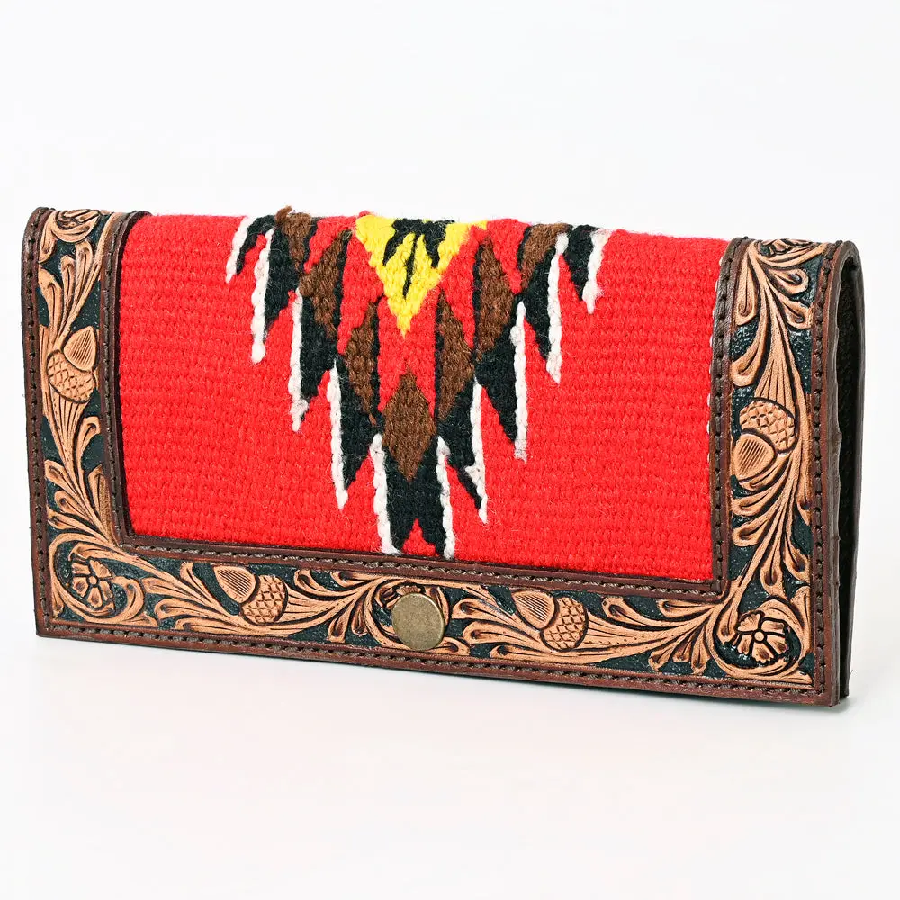 American Darling Hand Tooled Floral Carved Leather Clutch Hand-Woven Saddle Blanket Vegetable-Tanned Genuine Leather Wallet 1