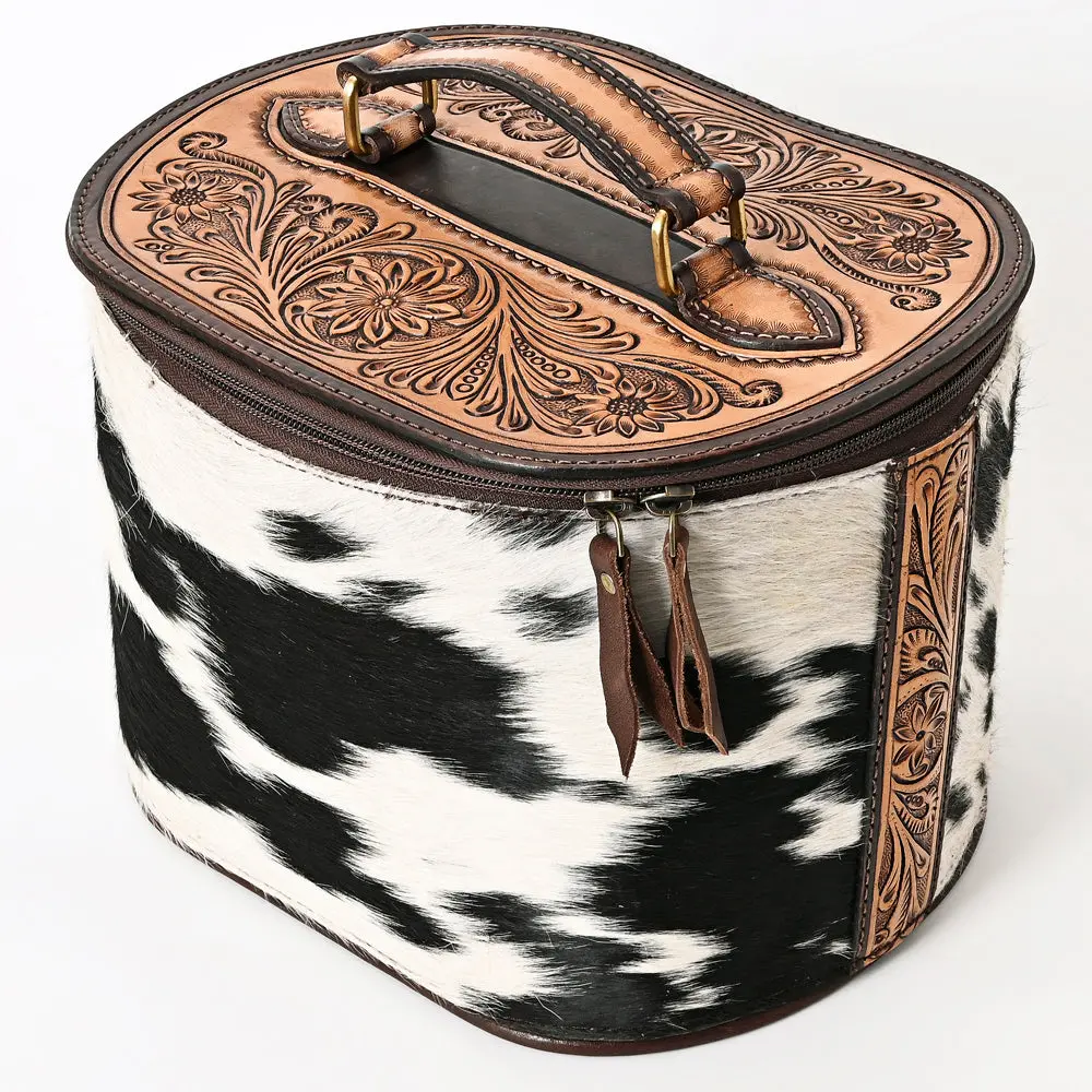 American Darling Hand Tooled Floral Carved Leather Jewelry Case Hair-On Cowhide Genuine Leather Ykk Zipper Western Accessory 1