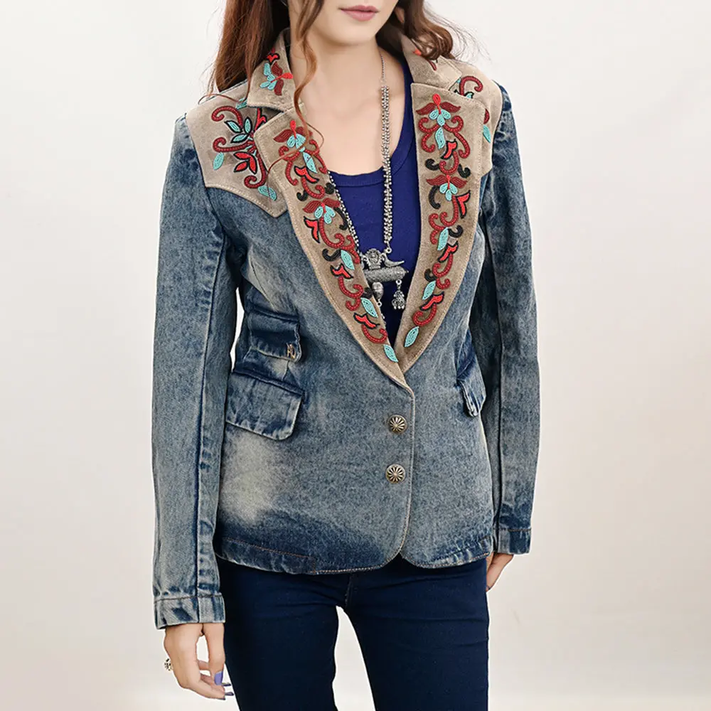 American Darling Genuine Leather Hand Tooled Carved Women 100% Cotton Denim Blazer Dress Jacket | Vintage 1