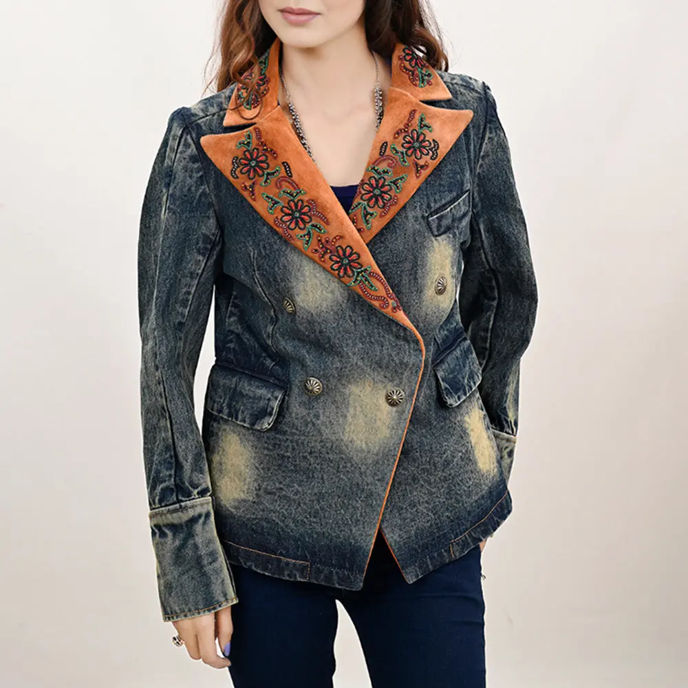 American Darling Genuine Leather Hand Tooled Carved Women 100% Cotton Denim Blazer Dress Jacket | Vintage 1