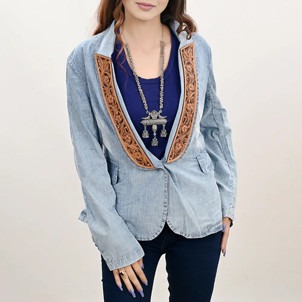 American Darling Genuine Leather Hand Tooled Carved Women 100% Cotton Denim Blazer Dress Jacket Ladies |Vintage 1
