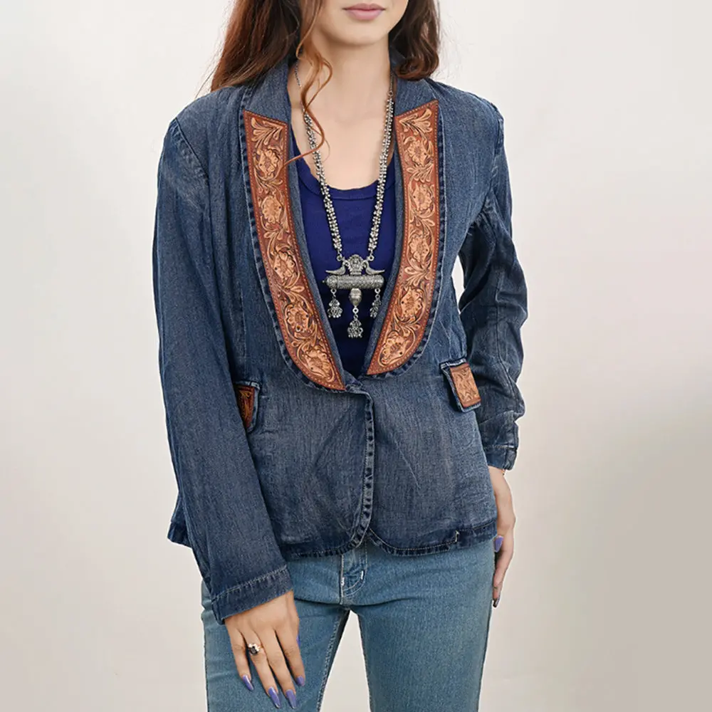 American Darling Genuine Leather Hand Tooled Carved Women 100% Cotton Denim Blazer Dress Jacket Ladies |Vintage 1
