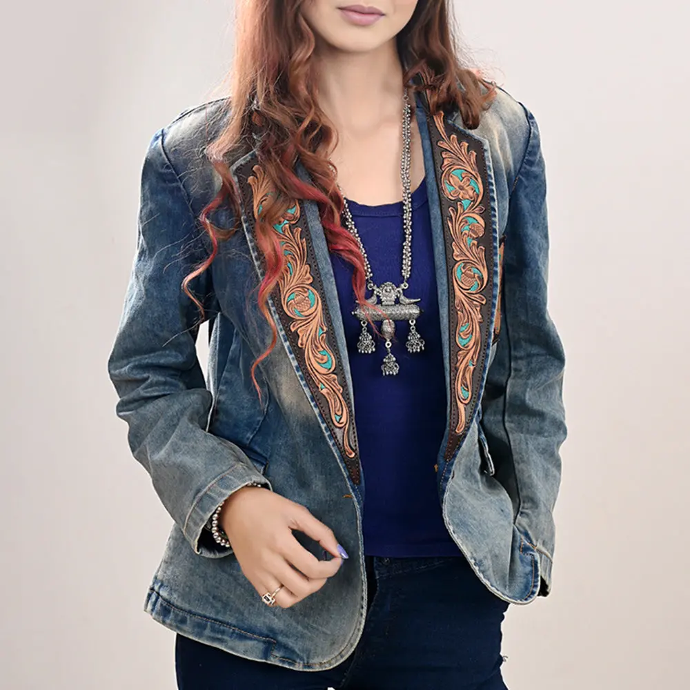 American Darling Genuine Leather Hand Tooled Carved Women 100% Cotton Denim Blazer Dress Jacket Ladies |Vintage 1