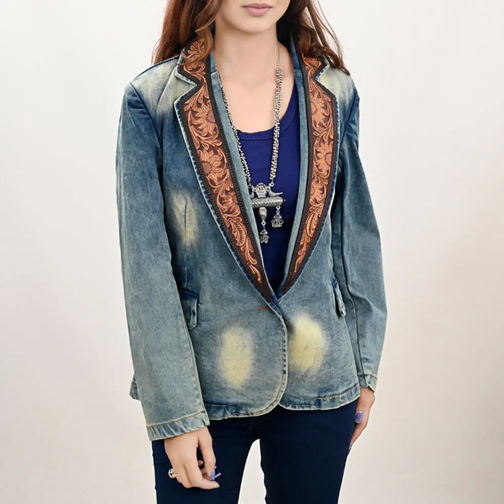 American Darling Genuine Leather Hand Tooled Carved Women 100% Cotton Denim Blazer Dress Jacket Ladies |Vintage 1
