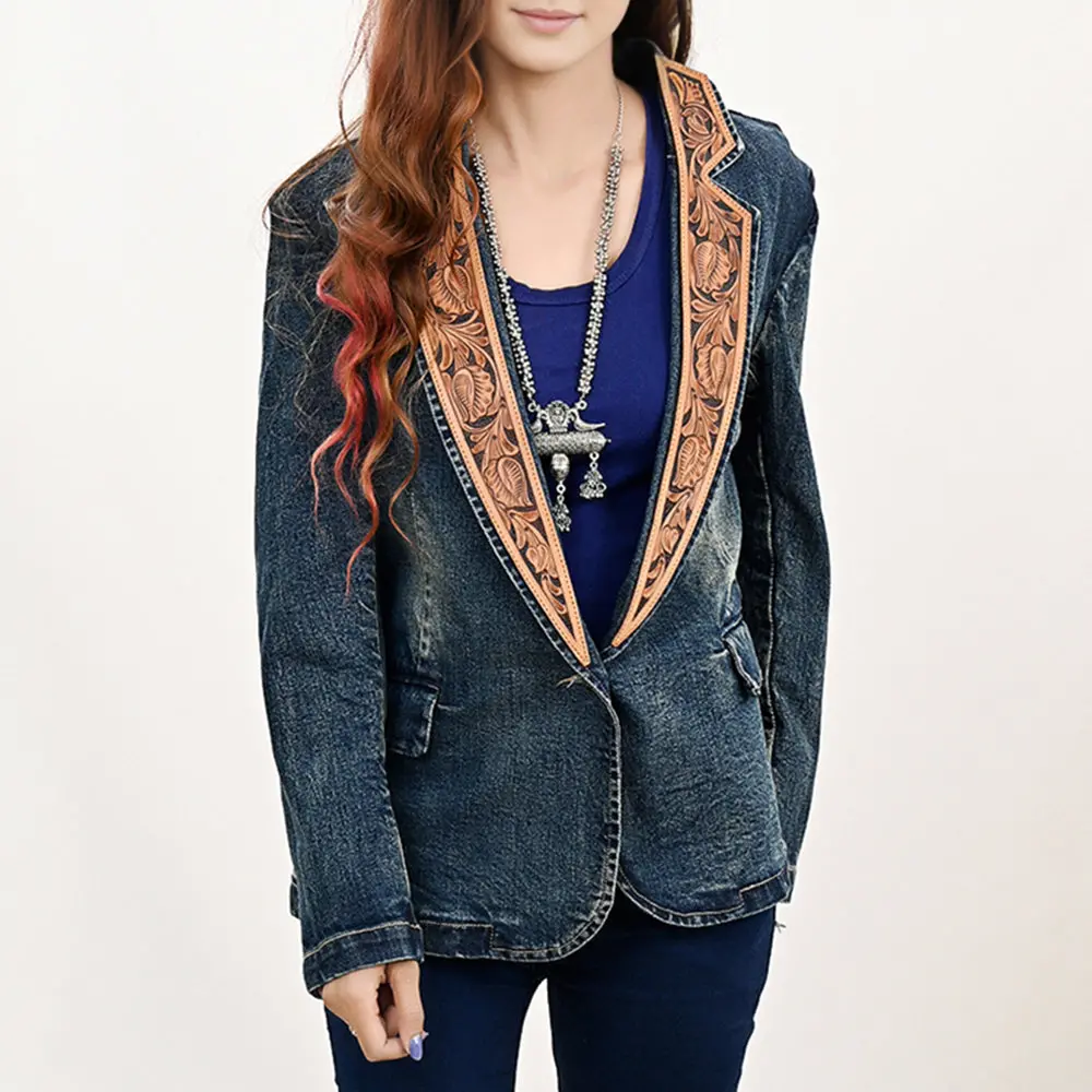 American Darling Genuine Leather Hand Tooled Carved Women 100% Cotton Denim Blazer Dress Jacket Ladies |Vintage 1