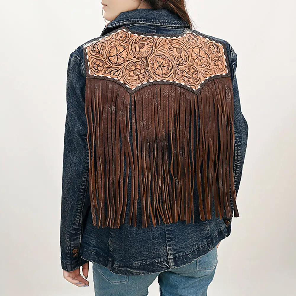 American Darling Genuine Leather Hand Tooled Carved Women 100% Cotton Denim Blazer Dress Jacket Ladies |Vintage 1