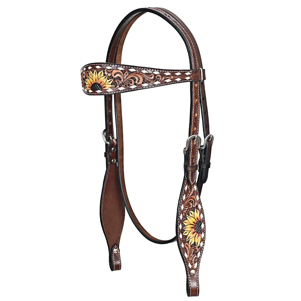Comfytack Sunflower Hand Painted Horse Western Leather Headstall Brown 1